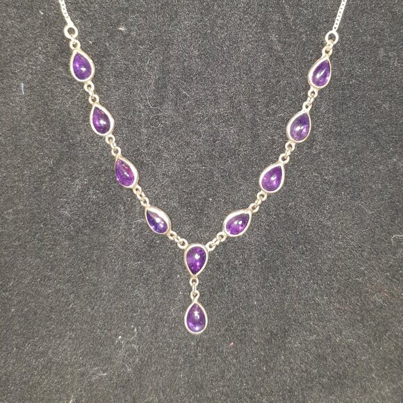 Vintage Victorian 10ct Natural Amethyst Cabochon 925 Sterling Silver Necklace - Picture 6 of 12